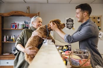 Solo entrepreneur greets customer and dog