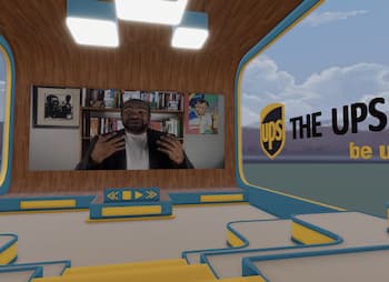 man gives presentation in the ups store metaverse
