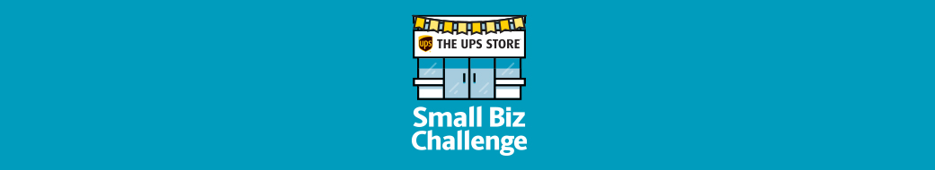 The UPS Store storefront icon and Small Biz Challenge logo on a sky blue background