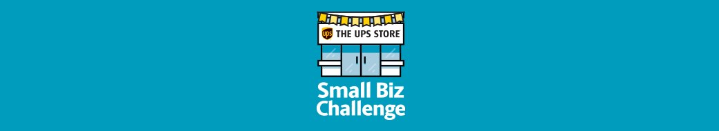 The UPS Store storefront icon and Small Biz Challenge logo on a sky blue background