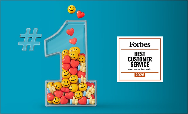 A number one filled with heart and smiley face emojis, with the Forbes Best Customer Service badge next to it